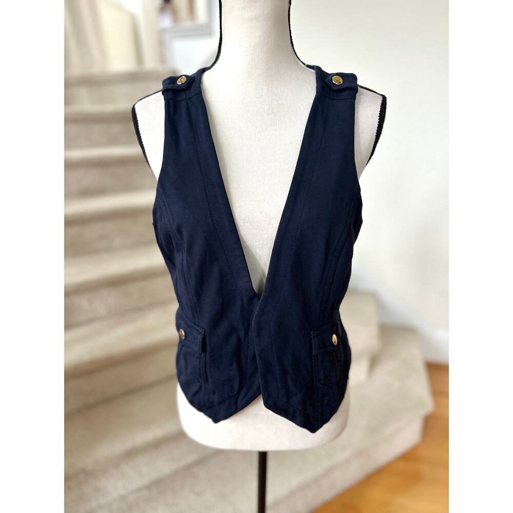 Vintage Cache Y2K Navy Naval Style Vest Brass Button Epaulet Design Military